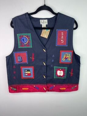 Vintage Tantrums Navy Blue School-Themed Embroidered Vest with Red Accents